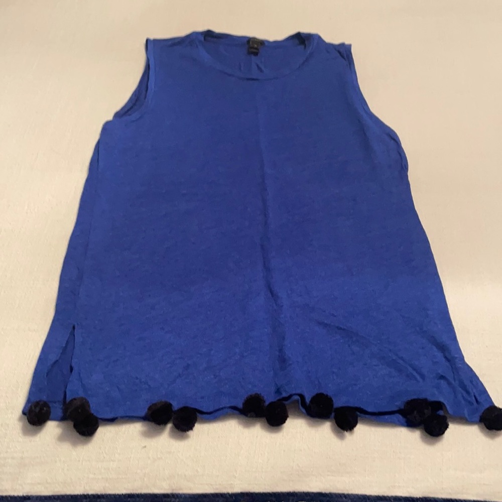 Royal blue j crew tank top with Pom poms at bottom